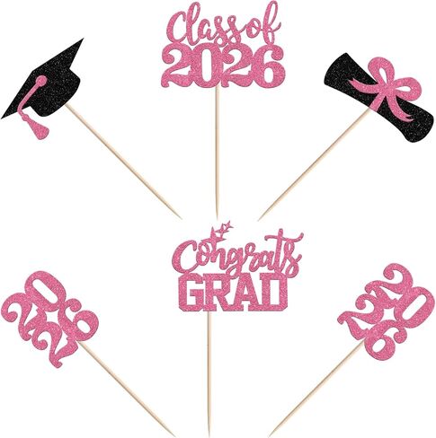 40 PCS 2026 Graduation Theme Cupcake Toppers Glitter Congrats Grad 2026 Diploma Graduation Cap Cupcake Picks for Class of 2026 Graduation Theme Party Cake Decorations Supplies Pink in Kuwait