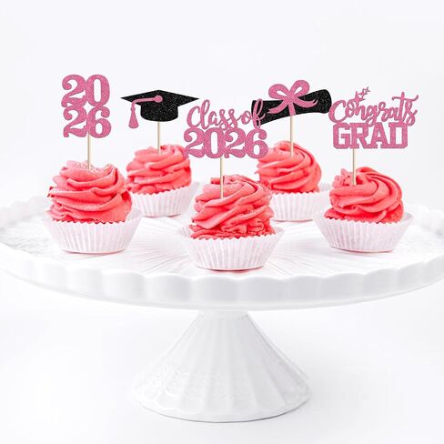 40 PCS 2026 Graduation Theme Cupcake Toppers Glitter Congrats Grad 2026 Diploma Graduation Cap Cupcake Picks for Class of 2026 Graduation Theme Party Cake Decorations Supplies Pink in Kuwait