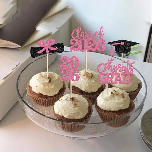 40 PCS 2026 Graduation Theme Cupcake Toppers Glitter Congrats Grad 2026 Diploma Graduation Cap Cupcake Picks for Class of 2026 Graduation Theme Party Cake Decorations Supplies Pink in Kuwait