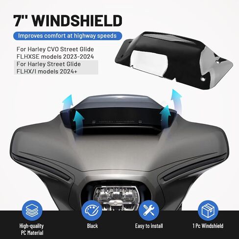 Lirun 7 بوصة الزجاج الأمامي موجة الرياح الفاصل الزجاج الأمامي الأسود PC لدراجة نارية Harley Street Glide FLHX/I 2025+ in Kuwait