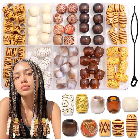 NAISKA 90PCS Wood Hair Beads 10 Styles Beads Sets African Wooden Braids Beads Acrylic Hair Tube Bead Loc Dreadlock Jewelry Hair Accessories for Women in Saudi Arabia