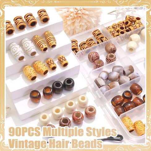 NAISKA 90PCS Wood Hair Beads 10 Styles Beads Sets African Wooden Braids Beads Acrylic Hair Tube Bead Loc Dreadlock Jewelry Hair Accessories for Women in Saudi Arabia