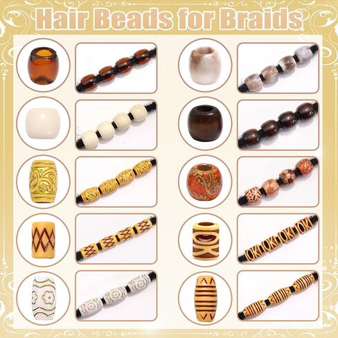 NAISKA 90PCS Wood Hair Beads 10 Styles Beads Sets African Wooden Braids Beads Acrylic Hair Tube Bead Loc Dreadlock Jewelry Hair Accessories for Women in Saudi Arabia