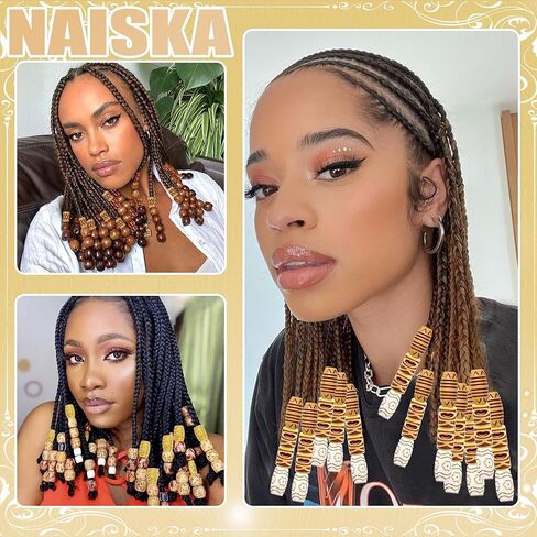 NAISKA 90PCS Wood Hair Beads 10 Styles Beads Sets African Wooden Braids Beads Acrylic Hair Tube Bead Loc Dreadlock Jewelry Hair Accessories for Women in Saudi Arabia