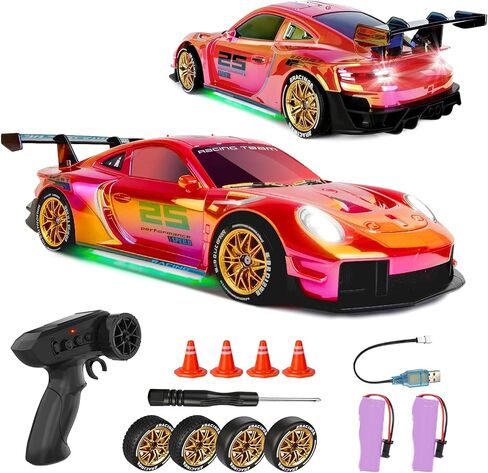 RC Drift Car,1:24 Scale Remote Control Vehicle for Kids,20KM/H 4WD High Speed RC Cars with LED Lights,2 Batteries & Drift Tires Racing Toy for Adults,Kids,Boys and Girls in Kuwait