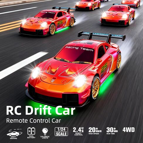 RC Drift Car,1:24 Scale Remote Control Vehicle for Kids,20KM/H 4WD High Speed RC Cars with LED Lights,2 Batteries & Drift Tires Racing Toy for Adults,Kids,Boys and Girls in Kuwait