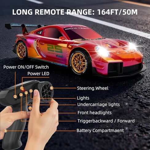 RC Drift Car,1:24 Scale Remote Control Vehicle for Kids,20KM/H 4WD High Speed RC Cars with LED Lights,2 Batteries & Drift Tires Racing Toy for Adults,Kids,Boys and Girls in Kuwait