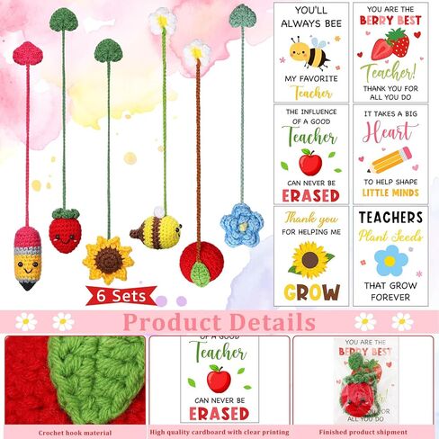 Gueevin 6 Sets Graduation Gifts for Teacher, Teachers Crochet Bookmarks Thank You Gifts for Women Crochet Bookmarks with Cards and OPP Bags for Graduation End of Year Supplies in Kuwait