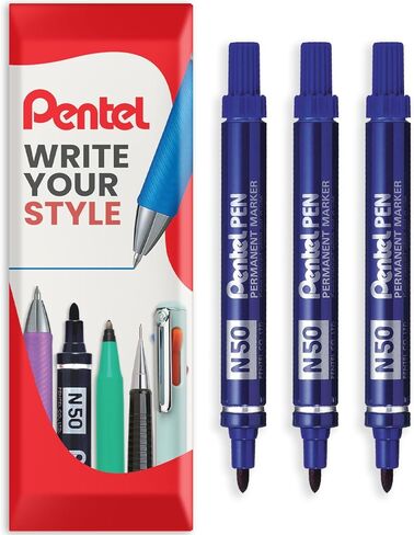 Pentel N50 Fine Permanent Marker - 4.3mm Bullet Tip - Multi Surface Use - Cardboard, Metal, Wood, Plastic & Glass Marker Pens - In Pillow Packaging - Blue, Pack of 3 in Kuwait