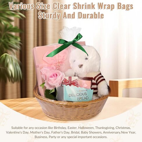 Yeumk Shrink Wrap Bags for Christmas Gift Baskets 12x18 Inches 10 Pack Clear Cellophane PVC Heat Shrink Bags for Gift Wrapping Halloween Easter Valentine's Day Mother's Day in Kuwait