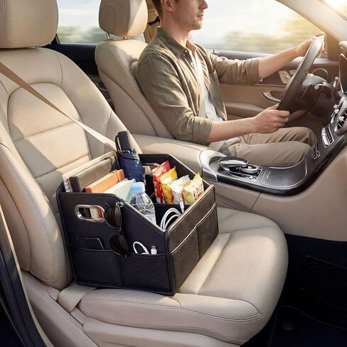 Car Front Seat Organizer - PU Leather Car Storage Box with Metal Handle, Divided Black Car Caddy Organizer for Truck/SUV/RV/Sedan, Universal Car Accessories for Trunk Front Back Seat in Saudi Arabia