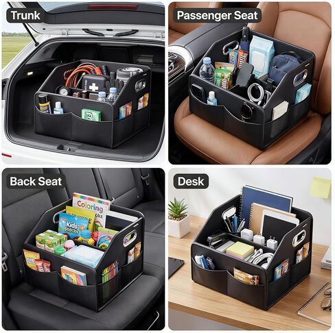 Car Front Seat Organizer - PU Leather Car Storage Box with Metal Handle, Divided Black Car Caddy Organizer for Truck/SUV/RV/Sedan, Universal Car Accessories for Trunk Front Back Seat in Saudi Arabia