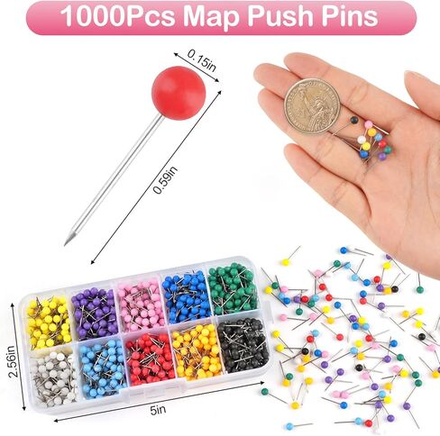 1000 Pcs Multi-Color Push Pins, Map Pins for Travel Map, 1/8" Small Map Tacks with Plastic Beads Head for Cork Board, World Map Pin Board, Bulletin Board, Fabric Marking, Craft, Office in Saudi Arabia