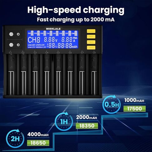18650 Battery Charger,MIEKLALE Intelligent USB 8 Slot Quick with LCD Display Battery Charger for Ni-MH Ni-Cd AA AAA Li-ion LiFePO4 IMR 10440 14500 16340 RCR123A 26650 in Saudi Arabia