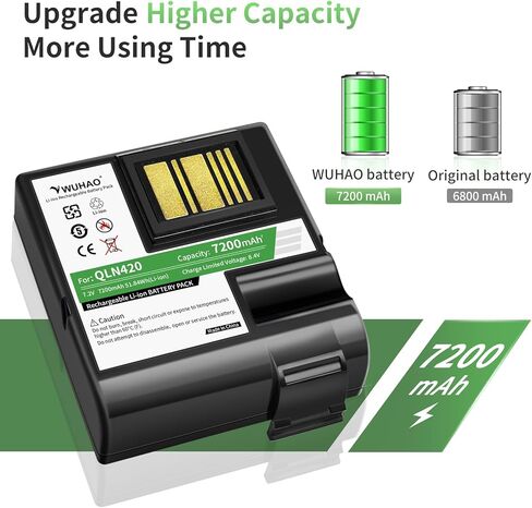 بطارية WUHAO 10 عبوات QLN420 ZQ630 مطورة 7200 مللي أمبير في الساعة لـ Zebra QLN420 ZQ630 ZQ63-AUWA000-00 ZQ63-ACFAC10-00 بطارية بديلة لطابعة الباركود P1050667-016 BTRY-MPP-68MA1-01 in Kuwait