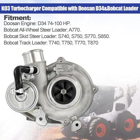 شاحن توربيني 7256748 K03 يناسب Bobcat S740 S750 S770 S850 T740 T750 T770 T870، متوافق مع محرك Doosan D35S D40S D45S D34، استبدل 53039880659 in Kuwait