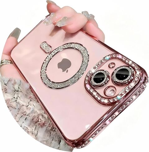 Magnetic Glitter Diamond for iPhone 15 Case[Compatible with MagSafe] Sparkle Rhinestone Camera Lens Protector Plated,Crtstal Clear Slim Military Drop Shockproof Cover for Women,Pink in Kuwait