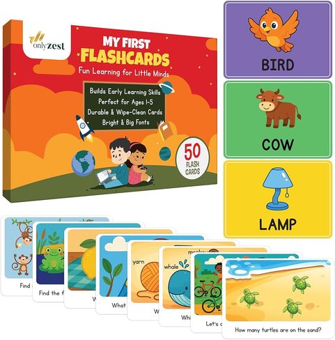Toddler Flash Cards - 50 Big Font, Thick 500 GSM, Wipe-Clean Learning Flash Cards for Toddlers 1-5 - Numbers, Colors, Find-the-Difference & Fun Questions - Preschool Educational Gift in Saudi Arabia