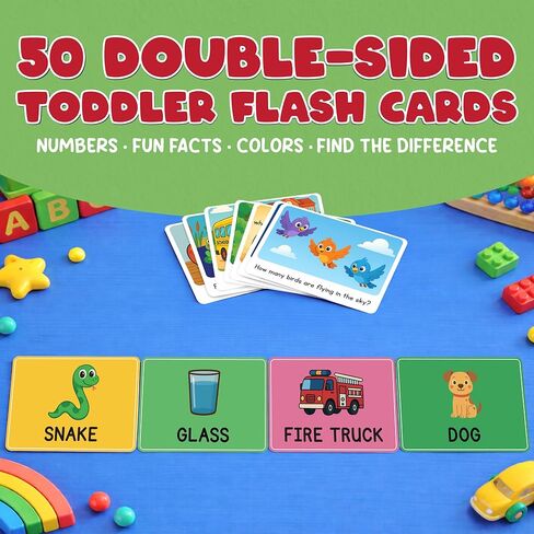 Toddler Flash Cards - 50 Big Font, Thick 500 GSM, Wipe-Clean Learning Flash Cards for Toddlers 1-5 - Numbers, Colors, Find-the-Difference & Fun Questions - Preschool Educational Gift in Saudi Arabia