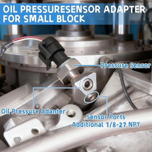 Oil Pressure Sensor Adapter Fittings Kit Includes 1/8-27 NPT Port Plugs, 90 & 45 Degree Sensor Ports, and 1/4 NPT Female-to-Male Tee Adapter for Small Block V8 Engines in Saudi Arabia