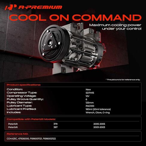 A-Premium Air Conditioner AC Compressor with Clutch Compatible with Peterbilt 379 2005, 387 2003, 6-Groove Pulley in Kuwait