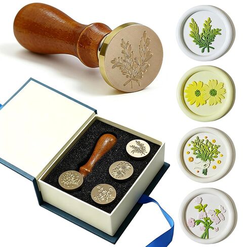 4-Piece Botanical Wax Seal Stamp Set – Interchangeable Solid Brass Heads & Wooden Handle – Vintage Floral Collection (Eustoma, Rosemary, Daisy, Tied Bouquet) in Gift Box for Weddings & DIY in Saudi Arabia