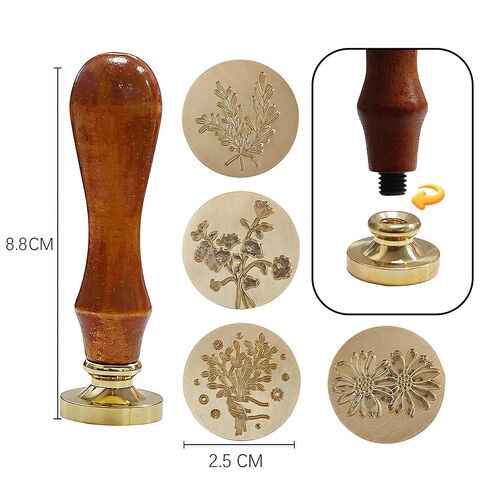 4-Piece Botanical Wax Seal Stamp Set – Interchangeable Solid Brass Heads & Wooden Handle – Vintage Floral Collection (Eustoma, Rosemary, Daisy, Tied Bouquet) in Gift Box for Weddings & DIY in Saudi Arabia