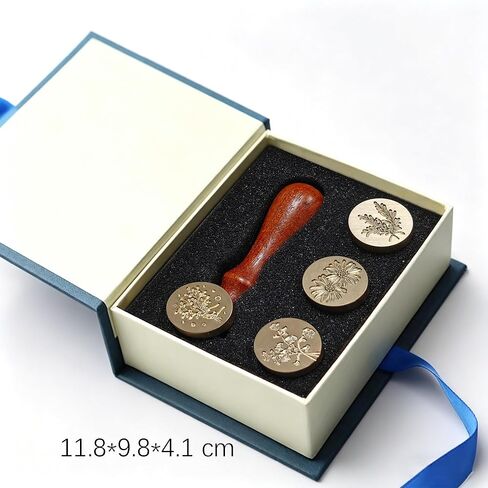 4-Piece Botanical Wax Seal Stamp Set – Interchangeable Solid Brass Heads & Wooden Handle – Vintage Floral Collection (Eustoma, Rosemary, Daisy, Tied Bouquet) in Gift Box for Weddings & DIY in Saudi Arabia
