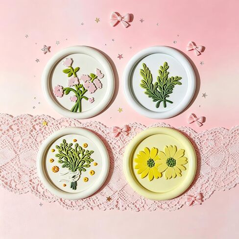 4-Piece Botanical Wax Seal Stamp Set – Interchangeable Solid Brass Heads & Wooden Handle – Vintage Floral Collection (Eustoma, Rosemary, Daisy, Tied Bouquet) in Gift Box for Weddings & DIY in Saudi Arabia
