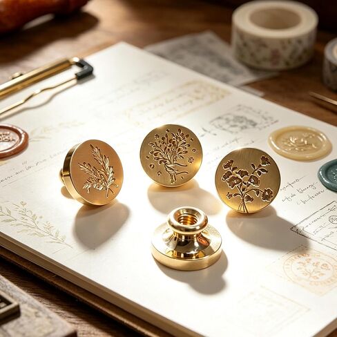 4-Piece Botanical Wax Seal Stamp Set – Interchangeable Solid Brass Heads & Wooden Handle – Vintage Floral Collection (Eustoma, Rosemary, Daisy, Tied Bouquet) in Gift Box for Weddings & DIY in Saudi Arabia