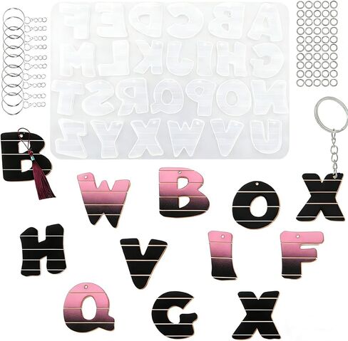 26Cavity Letter Resin Keychain Mold Kit,Striped Alphabet Silicone Epoxy Casting Mold with Keychain Rings,for DIY Initial Keychains,Personalized Letter Charms,Jewelry Making in Saudi Arabia