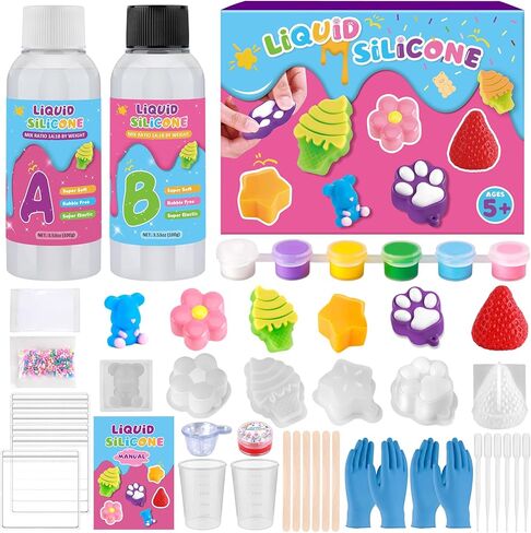 Mikiwon Taba Squishy Kit, 7OZ 1:1AB Liquid Silicone Set with 6 Molds, Decompression Squishies Gift with Guide & Flocking Powder DIY Squishies Maker Holiday Gift in Saudi Arabia