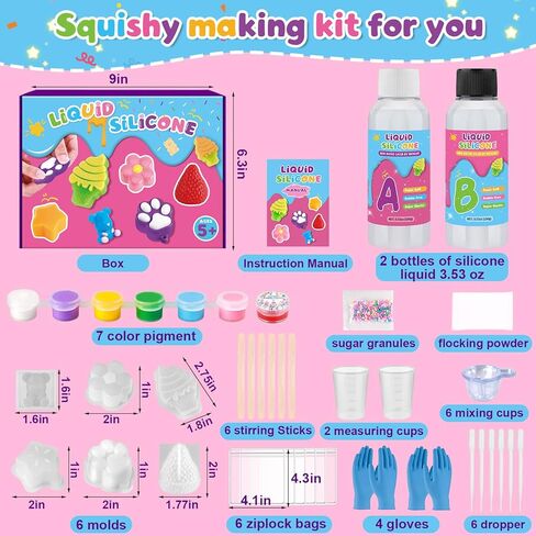 Mikiwon Taba Squishy Kit, 7OZ 1:1AB Liquid Silicone Set with 6 Molds, Decompression Squishies Gift with Guide & Flocking Powder DIY Squishies Maker Holiday Gift in Saudi Arabia