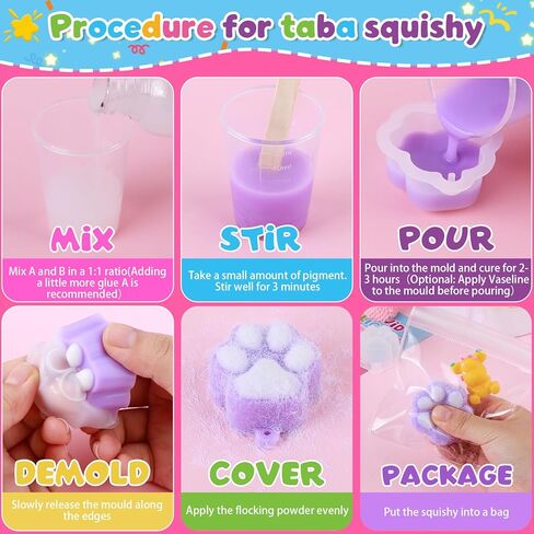 Mikiwon Taba Squishy Kit, 7OZ 1:1AB Liquid Silicone Set with 6 Molds, Decompression Squishies Gift with Guide & Flocking Powder DIY Squishies Maker Holiday Gift in Saudi Arabia