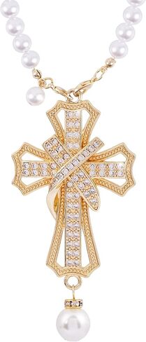 Car Rear View Mirror Hanging Cross Charm, Christian Car Accessories, Rearview Mirror Accessories, Cross for Car, 18K Gold Plated Brass with CZ Crystals & Pearl Beads, Faith Gift for Drivers Safe Travel in Saudi Arabia