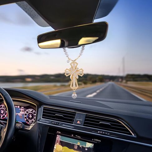 Car Rear View Mirror Hanging Cross Charm, Christian Car Accessories, Rearview Mirror Accessories, Cross for Car, 18K Gold Plated Brass with CZ Crystals & Pearl Beads, Faith Gift for Drivers Safe Travel in Saudi Arabia