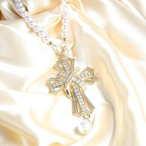 Car Rear View Mirror Hanging Cross Charm, Christian Car Accessories, Rearview Mirror Accessories, Cross for Car, 18K Gold Plated Brass with CZ Crystals & Pearl Beads, Faith Gift for Drivers Safe Travel in Saudi Arabia