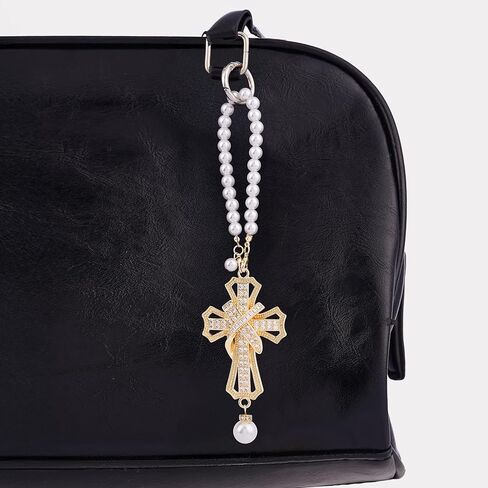 Car Rear View Mirror Hanging Cross Charm, Christian Car Accessories, Rearview Mirror Accessories, Cross for Car, 18K Gold Plated Brass with CZ Crystals & Pearl Beads, Faith Gift for Drivers Safe Travel in Saudi Arabia
