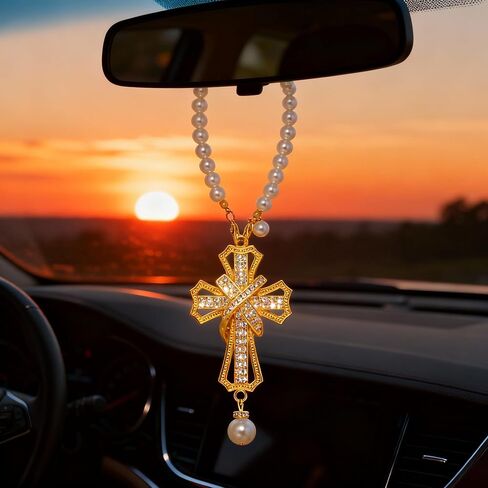 Car Rear View Mirror Hanging Cross Charm, Christian Car Accessories, Rearview Mirror Accessories, Cross for Car, 18K Gold Plated Brass with CZ Crystals & Pearl Beads, Faith Gift for Drivers Safe Travel in Saudi Arabia