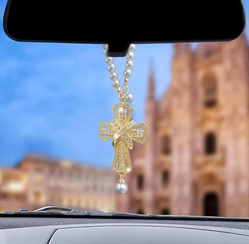 Car Rear View Mirror Hanging Cross Charm, Christian Car Accessories, Rearview Mirror Accessories, Cross for Car, 18K Gold Plated Brass with CZ Crystals & Pearl Beads, Faith Gift for Drivers Safe Travel in Saudi Arabia