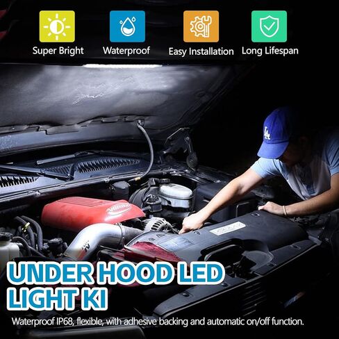 Under Hood LED Light Kit, 12V Waterproof Car Under Hood Work LED Light Bar, Automatic On/Off Self-Adhesive Underhood Work Inspection Light Strip, Universal for Most Vehicles in Saudi Arabia