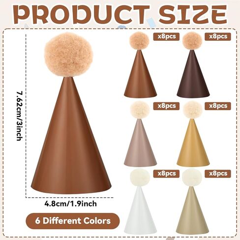 Lonfliness 48Pcs Mini Brown Birthday Party Hats for Stuffed Animals 3Inch Adjustable Cone Caps with DIY Pom Poms Brown Mini Party Hats Pets Dolls Kids Small Boho Birthday Decorations Kit for Holidays in Kuwait