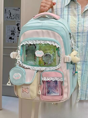 ZQW Kawaii Cute Backpack for Women Y2K Aesthetic Anime ITA Bag with Lace Trim Badges Display Clear Panel Casual Daypack (Blue) in Saudi Arabia