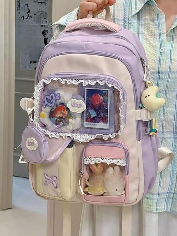 ZQW Kawaii Cute Backpack for Women Y2K Aesthetic Anime ITA Bag with Lace Trim Badges Display Clear Panel Casual Daypack (Blue) in Saudi Arabia