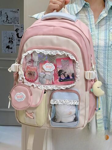 ZQW Kawaii Cute Backpack for Women Y2K Aesthetic Anime ITA Bag with Lace Trim Badges Display Clear Panel Casual Daypack (Blue) in Saudi Arabia
