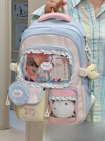 ZQW Kawaii Cute Backpack for Women Y2K Aesthetic Anime ITA Bag with Lace Trim Badges Display Clear Panel Casual Daypack (Blue) in Saudi Arabia