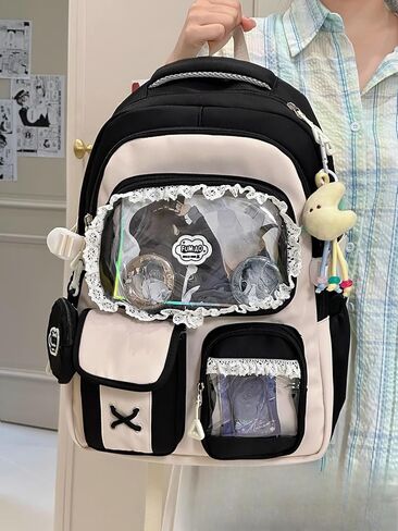 ZQW Kawaii Cute Backpack for Women Y2K Aesthetic Anime ITA Bag with Lace Trim Badges Display Clear Panel Casual Daypack (Blue) in Saudi Arabia