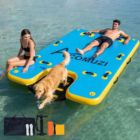 Inflatable Water Platform with Dog Ramp, Heavy-Duty 6" Thick Drop Stitch Floating Dock for Pets Adults, Portable Lake Raft for Boat Pool Beach, Includes Pump in Saudi Arabia