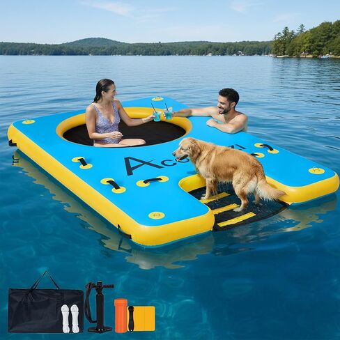 Inflatable Water Platform with Dog Ramp, Heavy-Duty 6" Thick Drop Stitch Floating Dock for Pets Adults, Portable Lake Raft for Boat Pool Beach, Includes Pump in Saudi Arabia