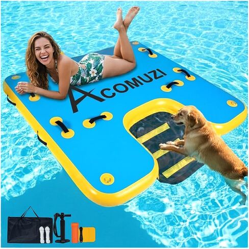 Inflatable Water Platform with Dog Ramp, Heavy-Duty 6" Thick Drop Stitch Floating Dock for Pets Adults, Portable Lake Raft for Boat Pool Beach, Includes Pump in Saudi Arabia